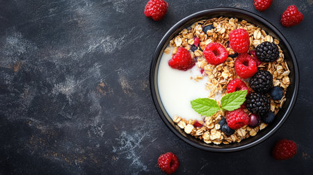 Overhead shot of a bowl with oat granola, milk, and berries. Nutritious breakfast option with copy space for further elements or text.の素材