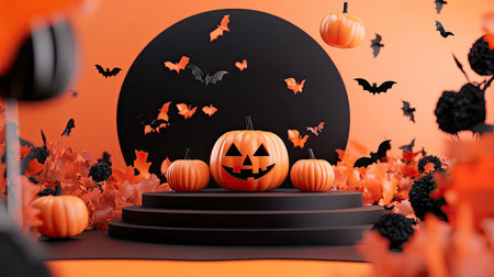 Halloween podium with pumpkins and a spooky background, ideal for product displays. 3D render with orange and black elements, perfect for autumn and party themes.の素材