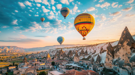 Inspiring landscape of Cappadocia with hot air balloons and old cave city in Turkey. Perfect for travel and adventure themes.の素材