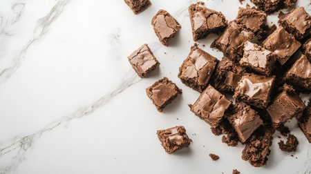 Fudge brownie chunks on a white marble table, perfect for food wallpapers and banners. Ample space for text.の素材