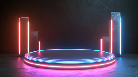 Futuristic 3D podium with glowing effects, ideal for technology product displays. Modern stage design with circular platform and tech-inspired lighting, perfect for game or tech scenesの素材