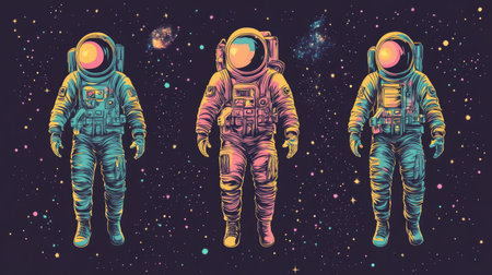 Collection of Y2K astronaut illustrations with a retro-futuristic vibe, perfect for stickers, prints, and t-shirt designs. Cosmonauts in stylish spacesuits exploring the galaxy.の素材