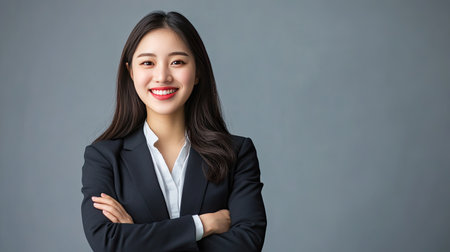 Confident young Asian sales woman, smiling with arms crossed. Isolated on gray background with ample copy space. Perfect for professional and business themes.の素材