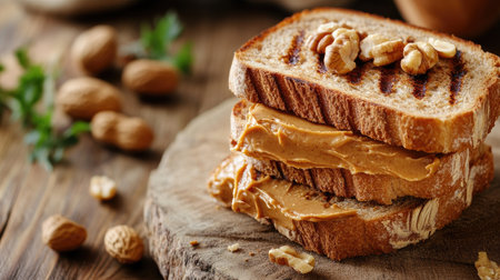 Creative food template featuring a stack of slices of grilled wholewheat bread with peanut butter and nuts on a rustic table. Copy text space available.の素材