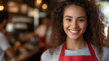 Close-up of a young waitress with curly hair wearing a red apron, smiling and looking at the camera. Coffee shop background with blurred workers, highlighting friendly serviceの素材