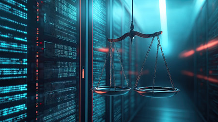 Law scales on the background of a data center. Digital law concept highlighting the duality of justice and data in the modern world.の素材