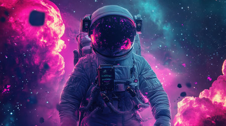 Y2K astronaut set in open space, featuring futuristic elements for stickers, prints, and t-shirts. Cosmonauts in spacesuits exploring the galaxy with a retro-futuristic style.の素材