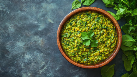 Indian Palak Khichdi made with lentils, rice, and spinach, displayed with advertising space. Great for promoting healthy and nutritious meals.の素材