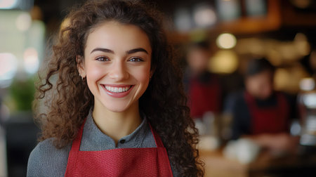 Happy young waitress with curly hair, wearing a red apron, smiling at the camera. Coffee shop ambiance with workers in the background.の素材