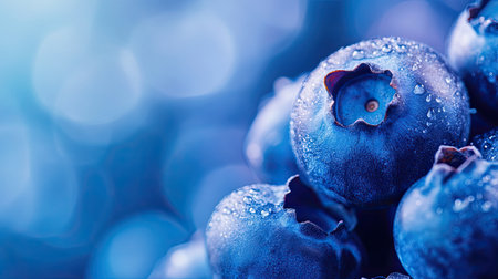 Blueberries in a closeup view, with a blurred backdrop perfect for banners and advertisements focusing on fresh produce.の素材