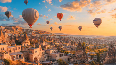 Inspiring landscape of Cappadocia with hot air balloons and old cave city in Turkey. Perfect for travel and adventure themes.の素材
