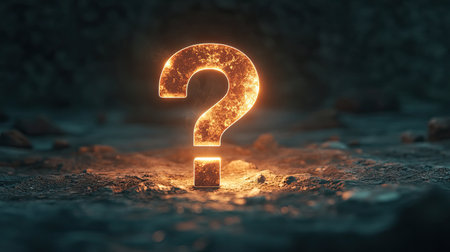 Illuminated question mark in the dark, symbolizing curiosity and the unknown. Perfect for thought-provoking and mysterious designs.の素材