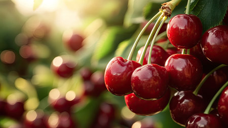 Closeup of red fresh cherries ready for harvest, bathed in sunlight, highlighting their juiciness and ripeness.の素材