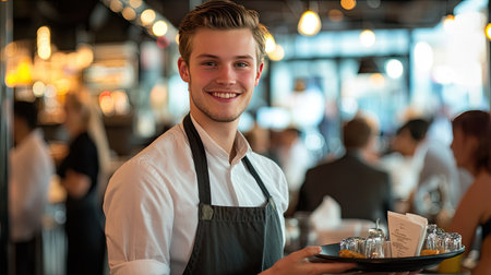 Attractive young waiter with a welcoming smile, holding customer orders. Wearing an apron in a busy daytime restaurant, perfect for hospitality themes.の素材