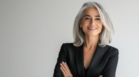 Confident and smiling mature business woman isolated on white. Senior female CEO, grey haired and professional, perfect for business banners with copy space.の素材