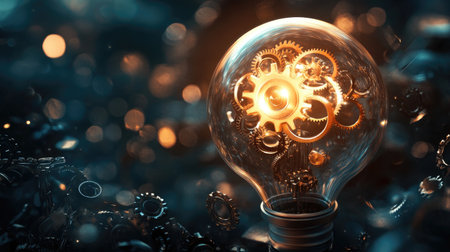 Creative idea concept with a light bubble and engineering gears, illustrating innovation and brainstorming.の素材