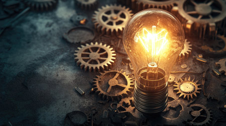 Conceptual image of a light bulb and gears, symbolizing creative thinking and problem-solving.の素材