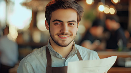 Handsome young waiter wearing an apron, smiling and looking at the camera, holding a paper with customer orders. Daytime restaurant setting, showcasing friendly service.の素材