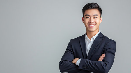 Young Asian sales professional, smiling and posing with arms crossed. Isolated on a gray studio background, ideal for business and corporate visuals with copy space.の素材