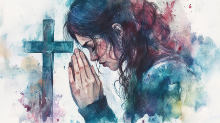 Artistic watercolor of a woman in prayer beside a cross, emphasizing faith and devotion.の素材