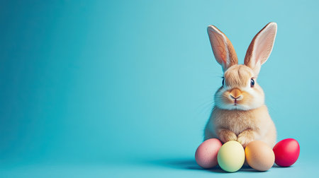 Adorable Easter bunny with eggs, blue background providing space for text and festive themes.の素材