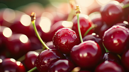 Closeup of red fresh cherries ready for harvest, bathed in sunlight, highlighting their juiciness and ripeness.の素材