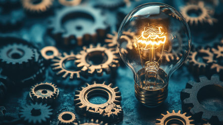 Conceptual image of a light bulb and gears, symbolizing creative thinking and problem-solving.の素材