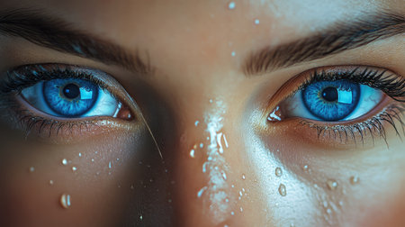Detailed view of a blue-eyed woman with water drops on her lashes, highlighting beauty and depth.の素材