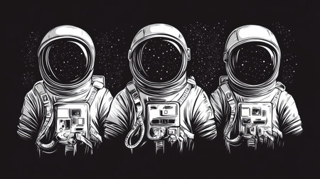 Outline vector illustrations of Y2K astronauts in space, featuring futuristic galaxy exploration elements. Ideal for creating stickers, prints, and t-shirt designs.の素材