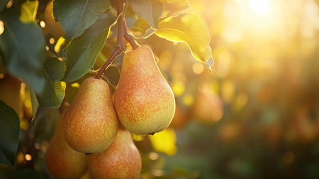 Pears on a tree with a sunlit blurred backdrop, perfect for visuals emphasizing freshness and natural produce.の素材