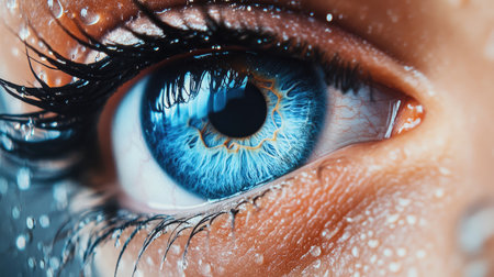 Closeup of a beautiful big eye with long eyelashes and blue iris, adorned with water drops, creating a striking and mesmerizing look.の素材