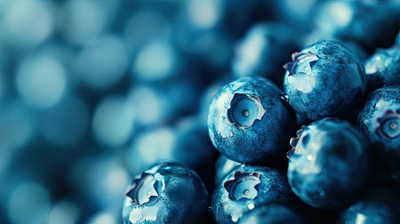 Closeup of fresh blueberries with a blurred background, highlighting their juicy and vibrant appeal.の素材