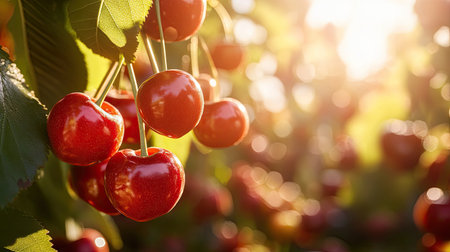 Closeup of red fresh cherries ready for harvest, bathed in sunlight, highlighting their juiciness and ripeness.の素材