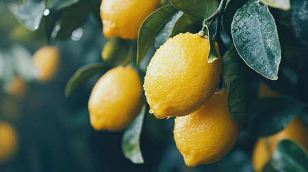 Closeup of fresh yellow lemons hanging on a tree branch with green leaves, showcasing vibrant citrus fruits.の素材