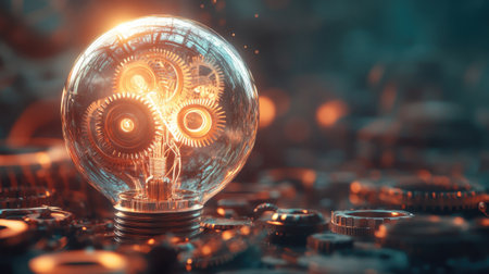 Creative idea concept with a light bubble and engineering gears, illustrating innovation and brainstorming.の素材