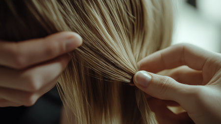 Closeup of a hairdresser holding and styling a client's hair, showcasing the expertise and precision of hairdressing.の素材