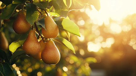 Pears on a tree with a sunlit blurred backdrop, perfect for visuals emphasizing freshness and natural produce.の素材
