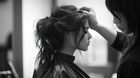 Professional hairdresser styling the hair of a client, focusing on the meticulous work and attention to detail.の素材