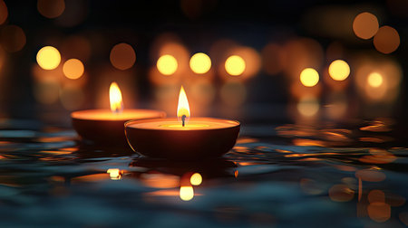 Glowing candles in the dark with a bokeh effect, capturing a tranquil and calming ambiance.の素材