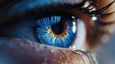 Closeup of a blue iris with water droplets on the eyelashes, capturing the beauty and intricacy of the human eye.の素材