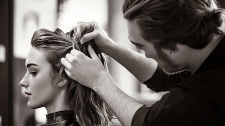 Hairdresser in action, styling a client's hair with skill and care, highlighting the art of professional hairstyling.の素材