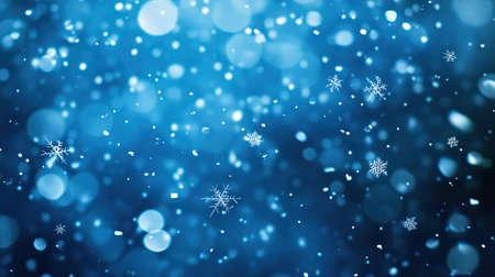 Blue background with falling snowflakes, ideal for festive Christmas visuals and seasonal themes.の素材