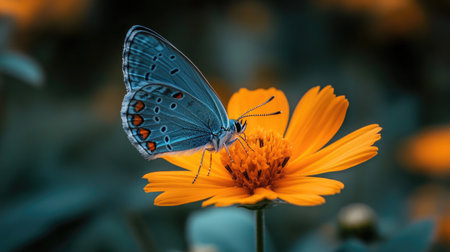 Blue butterfly on an orange flower, viewed from the side, highlighting the delicate interaction of nature.の素材