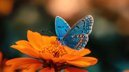 Beautiful blue butterfly sitting on an orange flower, captured in a side view, showcasing its intricate wings.の素材