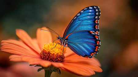 Beautiful blue butterfly sitting on an orange flower, captured in a side view, showcasing its intricate wings.の素材