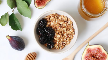 Overhead shot of a bowl with homemade granola, figs, blackberries, and a jar of honey on a white surface. A delightful and healthy breakfast setup.の素材