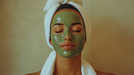 A woman wrapped in a white bath towel, wearing a green face mask, relaxing with closed eyes against a soft, neutral background.の素材
