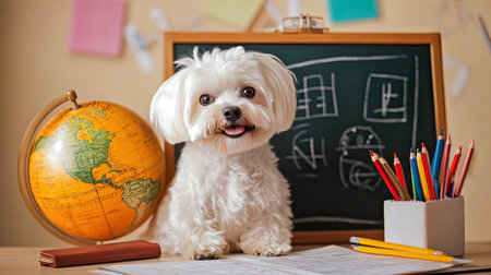 Adorable Maltese dog surrounded by school supplies, including a chalkboard with math formulas and a globe, set against a beige background. Perfect for back-to-school themes.の素材
