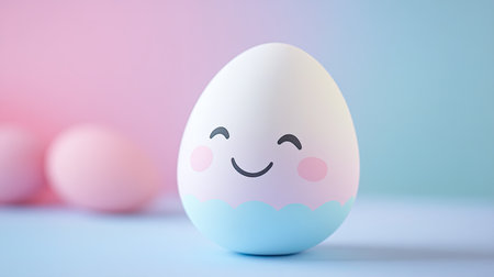 Kawaii-style egg with a smiley face, standing out against a light pink and blue background. Embodying the playful spirit of Easter.の素材