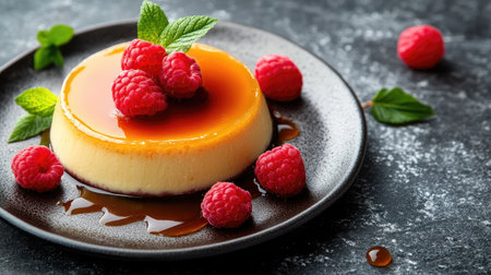 Flan caramel custard pudding dessert with raspberries, perfect for banners and advertisements. Copy text space provided.の素材